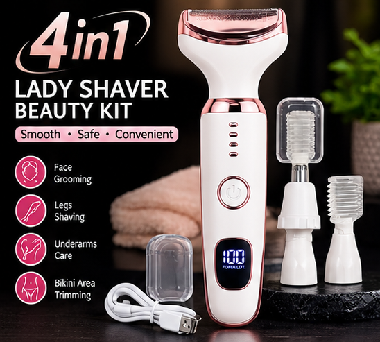 4-in-1 Rechargeable Lady Shaver – Face & Body Grooming Kit