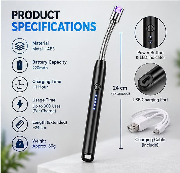 USB Rechargeable Electric Arc Lighter – Windproof Flameless Lighter
