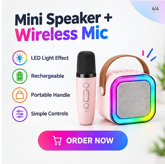 Mini Bluetooth Speaker with Wireless Microphone & LED Lights